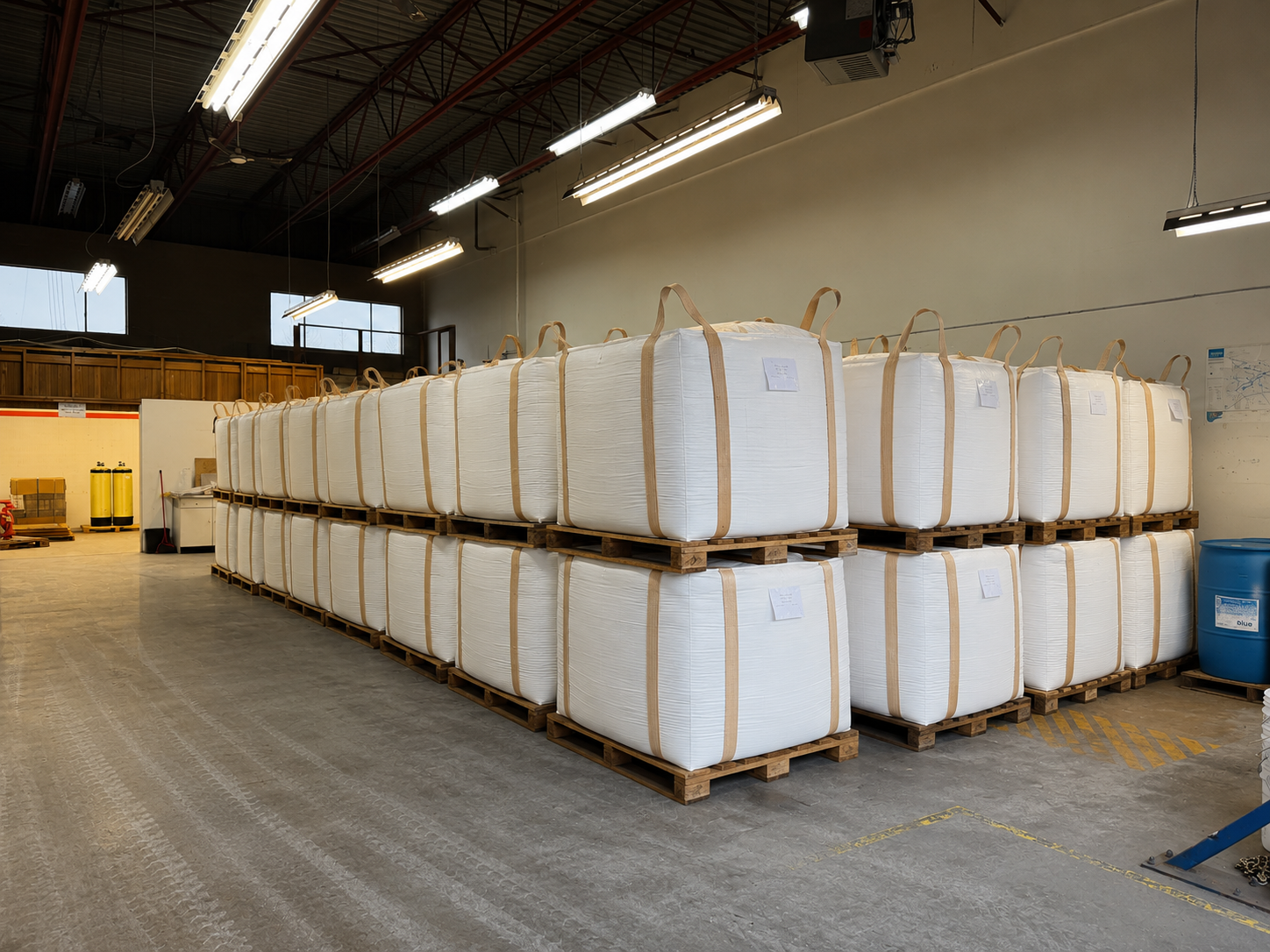 Bulk urea bags stacked in Consolidated Biofuels warehouse in Delta, BC